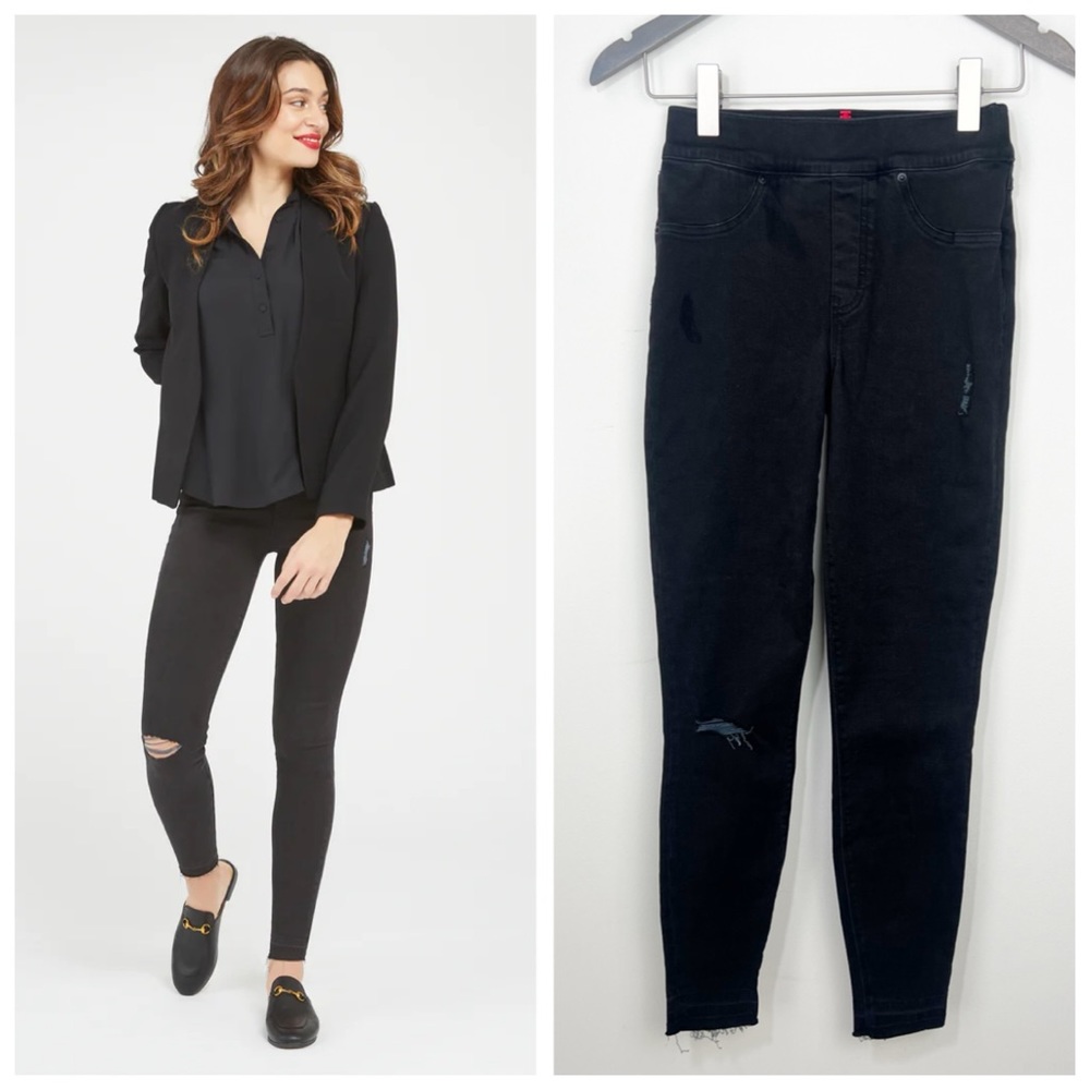 SPANX Distressed Ankle Skinny Jeans Size Small in Black Shaping Pants
